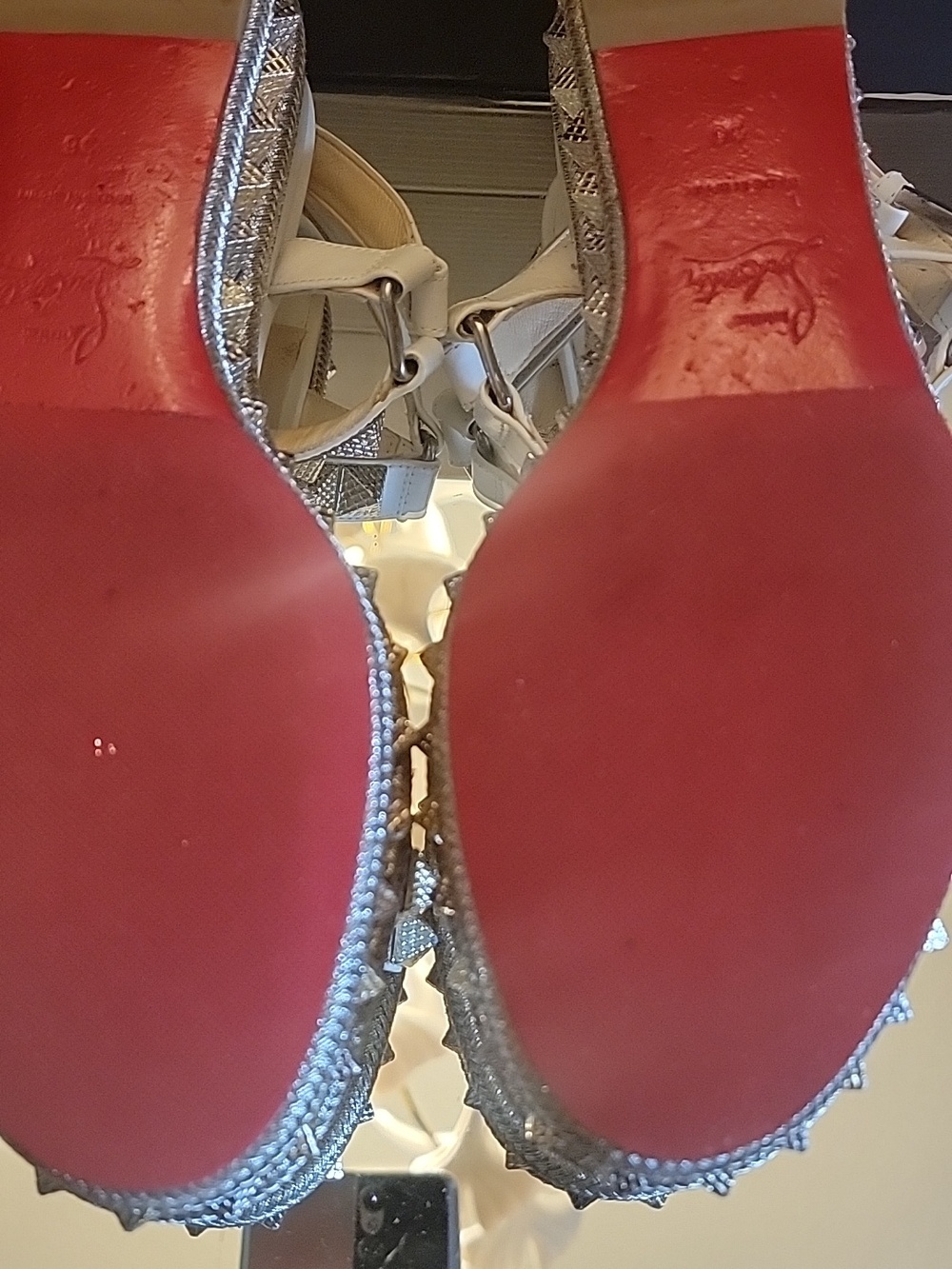 Christian Louboutinn White Kid Leather  Studded Sandals with Gold Accents Sz36 - Picture 9 of 14